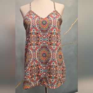 Boho Medallion Spaghetti Strap V Tank Top Camisole - Racer Back Coral Multi S